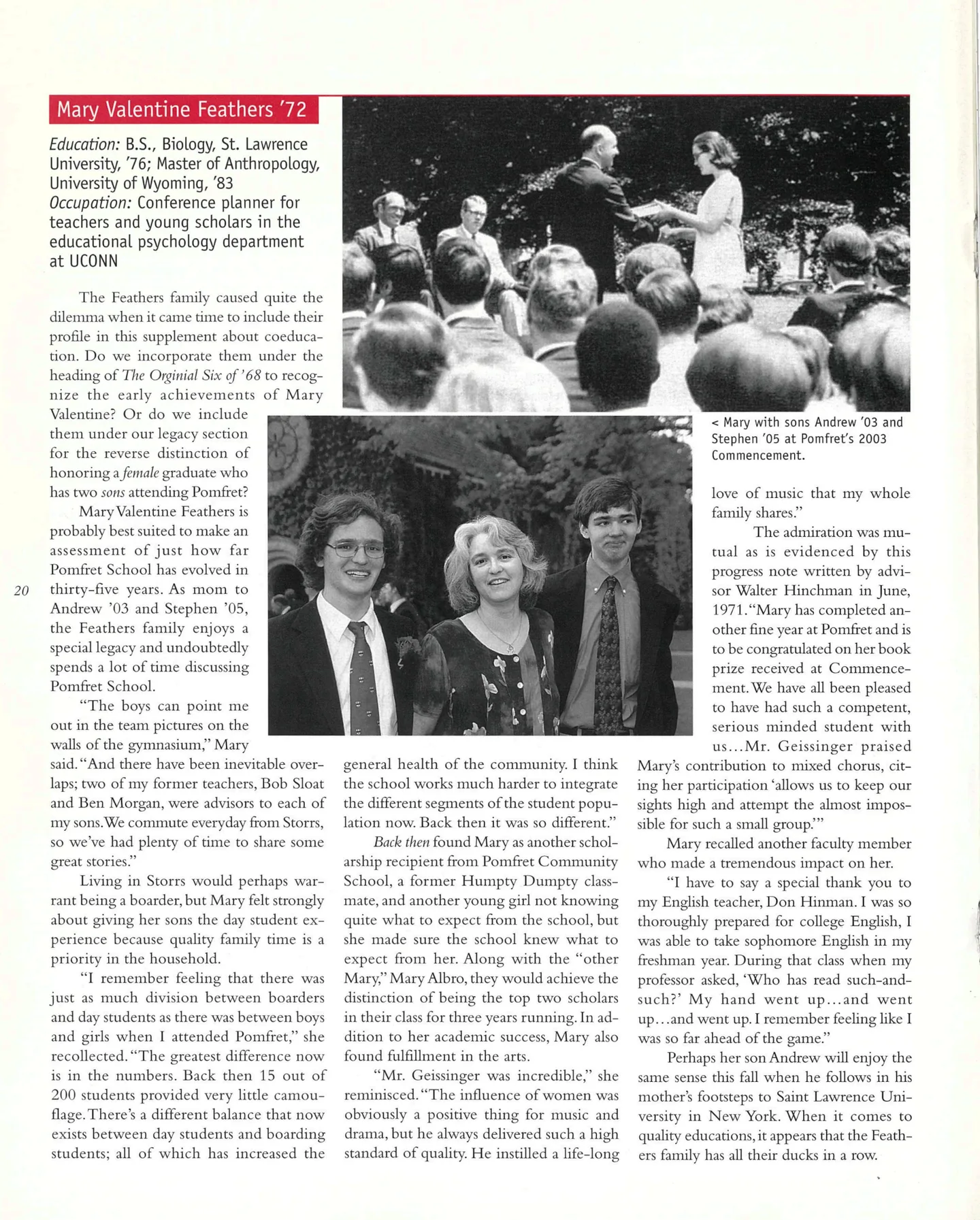 Page 20: Mary Valentine Feathers '72