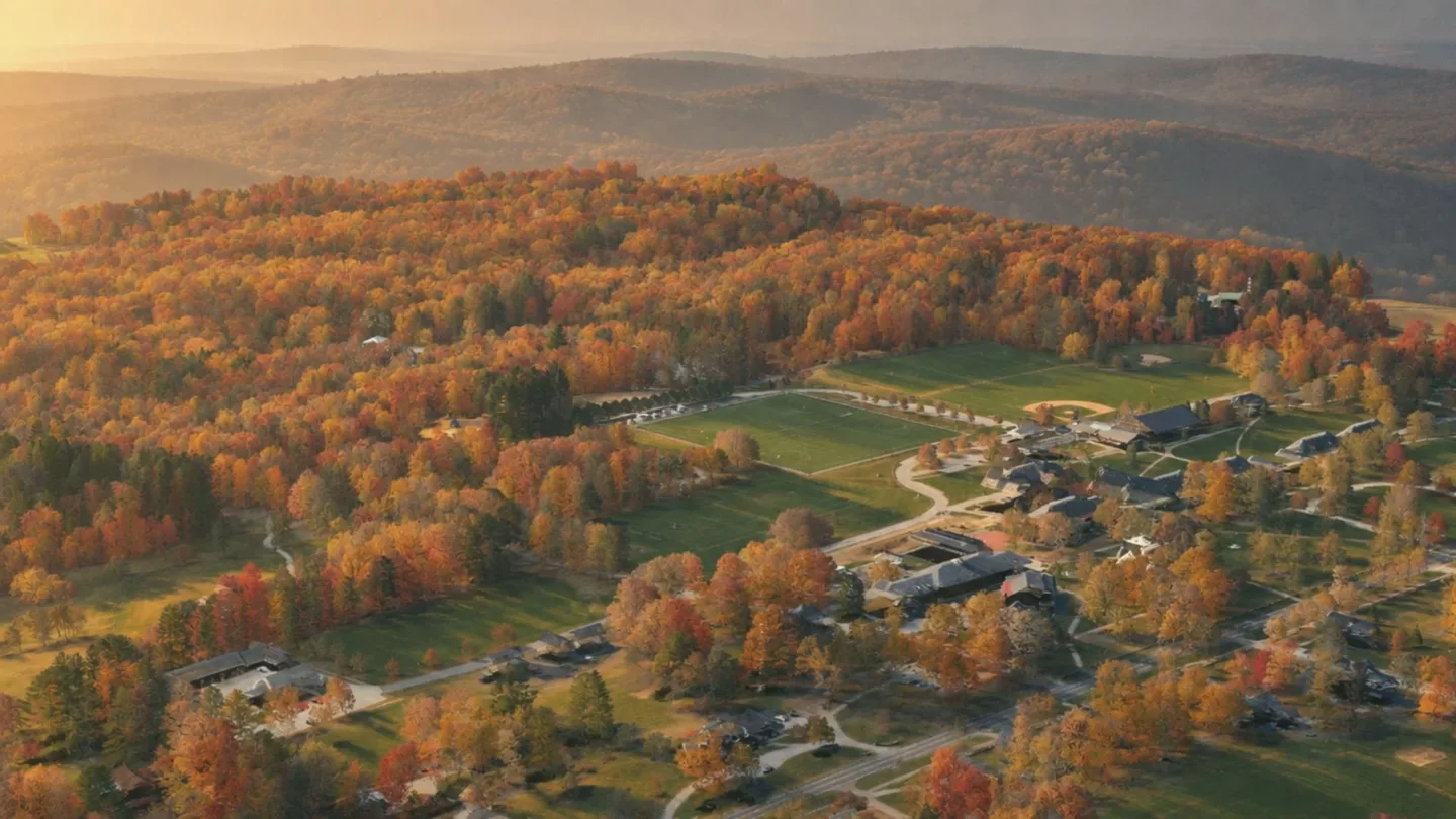 AI-generated atmosphere: the Pomfret School campus seen from the air on an October evening, built from a real 2023 survey of the hill.