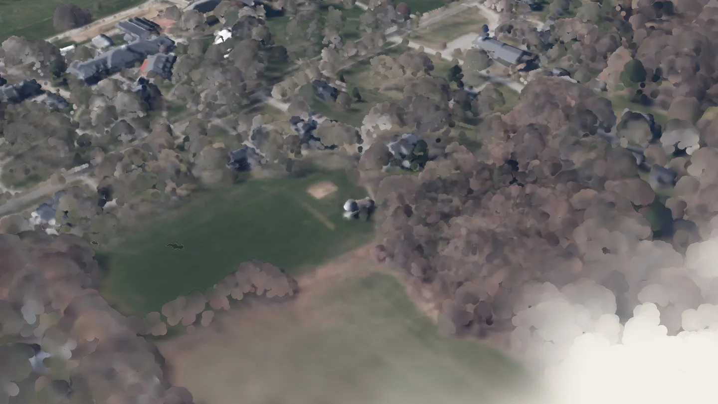 Olmsted Observatory among its neighbours, seen from the air to the south-east: a render of the real 2023 LiDAR survey, coloured from the spring 2023 aerial photograph. A crimson ring marks its roof.